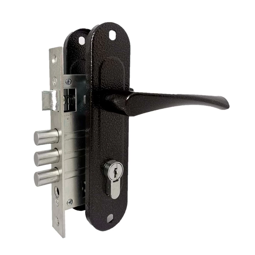 Фото Замок врезной цилиндровый с защёлкой в комплекте с ручкой ЗВ4-60/07 (медь антик), 4 кл.