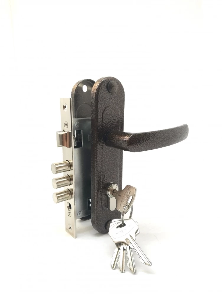 Фото Замок врезной цилиндровый с защёлкой в комплекте с ручкой ЗВ7-60.1-02 (медь), 5 кл.